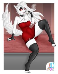 big_breasts breasts ear fanart fangs fur furry furry_female helluva_boss hound jdcxart long_hair loona_(helluva_boss) red_dress red_sclera stockings white_eyes wolf wolf_girl