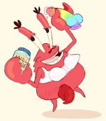 2018 anthro arthropod bodily_fluids bottomless bra bra_only clothed clothing crab crustacean cum decapoda digital_drawing_(artwork) digital_media_(artwork) genital_fluids lube malacostracan male marine mr_krabs nickelodeon open_mouth rainbow_dildo red_body shy-baphomet simple_background smooth_skin solo spongebob_squarepants underwear underwear_only