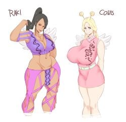 2girls armpits big_breasts black_hair blonde_hair conis curvy curvy_female female female_only laki_(one_piece) light-skinned_female light_skin long_hair native native_american native_american_female nervous nervous_smile no_bra no_panties one_piece only_female pink_clothing ponytail purple_clothing red_lipstick shounen_jump smiling sunnysundown tan-skinned_female tan_skin thick_thighs tight_clothing tribal_clothing twintails white_background wings