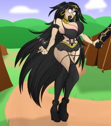 bimbo black--wave black_hair black_lipstick brand_of_the_defile eyeshadow femsub fire_emblem fire_emblem_awakening goth hand_holding happy_trance high_heels huge_breasts huge_lips humiliation humor light_skin lipstick long_hair maledom miniskirt nintendo platform_boots pubic_tattoo robin_(fire_emblem) robin_(fire_emblem)_(male) skirt tattoo tharja_(fire_emblem) turning_the_tables