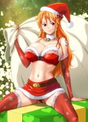 1girls belly_button_piercing big_breasts bra brown_eyes busty christmas christmas_outfit cleavage curvy fellatio female female_only huge_breasts lingerie long_hair midriff minpei_ichigo nami one_piece orange_hair panties post-timeskip sack santa_costume santa_hat sexy_santa shoulder_tattoo skirt skirt_lift smile solo tattoo thighhighs