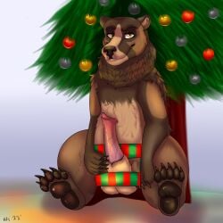 1:1 animal_genitalia animal_penis balls bear big_balls big_penis brown_bear christmas christmas_decorations christmas_lights christmas_ornament christmas_present christmas_tree dick_in_a_box feral genitals grizzly_bear hair hi_res holidays kuruk_(character) mammal mane mane_hair pawpads paws penis plant sheath sitting sylvertears tree ursine ursine_penis