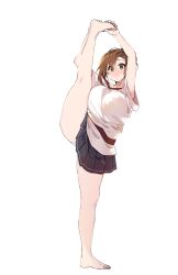 barefoot black_skirt brown_hair chururumoestudio clothed female green_eyes heebom_(chururu) holding_feet looking_at_viewer panties standing_on_one_leg stretching white_shirt