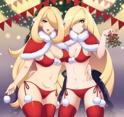 2girls big_breasts black_eyes blonde_hair bottomwear breasts christmas cleavage cynthia_(pokemon) dmy-gfx draltruist female female_only green_eyes hair hair_ornament hair_over_one_eye hand_on_hip hips legwear long_hair looking_at_viewer lusamine_(pokemon) mature mature_female mature_woman milf mistletoe mother panties pokemon pokemon_dppt pokemon_sm red_panties red_thighhighs thighhighs thighs tongue tongue_out topwear