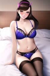 1girls 2d ai_generated alluring anime_lingerie asian asian_female bed_sheet big_breasts blizzard_entertainment blue_lingerie blush breasts brown_hair d.va female female_focus female_only gray_eyes hana_song in_bed korean_female lingerie looking_at_viewer medium_breasts nai_diffusion overwatch overwatch_2 pale-skinned_female pink_lipstick purple_lingerie seductive sitting sitting_on_bed slim_waist smile smiling_at_viewer solo solo_female stable_diffusion stockings straight_hair thighhighs thighs tiara video_game_character white_bed_sheet