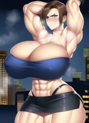 1girls abs ai_generated alternate_breast_size armpits arms_up bare_arms bare_legs bare_midriff bare_shoulders bare_thighs big_breasts black_skirt blue_eyes blue_tube_top blue_tubetop blush breasts brown_hair building capcom city city_background cityscape cleavage covered_nipples deep_cleavage erect_nipples erect_nipples_under_clothes female female_only giant giantess gigantic_breasts hips huge_breasts hyper_thighs impossible_clothes impossible_clothing impossible_shirt jill_valentine large_breasts looking_at_viewer macro massive_breasts massive_thighs midriff miniskirt muscle muscles muscular muscular_arms muscular_female muscular_legs muscular_thighs nai_diffusion night resident_evil resident_evil_3 short_hair short_skirt sideboob size_difference skirt solo solo_female stable_diffusion steam steaming_body strapless sweat sweating thick_thighs thighs thunder_thighs tube_top tubetop voluptuous voluptuous_female wide_hips