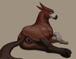 anal_juice anthro anus avian beak bodily_fluids brown_body brown_eyes brown_fur brown_tail feral fur gaping gaping_anus gryphon hi_res kazzyboii looking_at_viewer looking_back lying male mythological_avian mythology on_side perineum puffy_anus solo