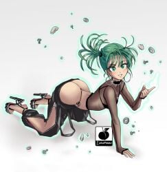 1girls ass big_butt female female_only green_eyes green_hair high_heels hoop_earrings hoop_earrings_oversized linkartoon one-punch_man solo stiletto_heels tatsumaki very_high_heels whale_tail white_background