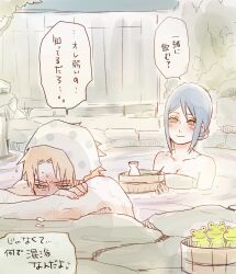 1boy1girl bath bathing blue_hair blush breasts cleavage collarbone commentary_request embarrassed konan looking_at_another meitarou mixed_bathing naked_towel naruto naruto_(series) naruto_shippuden onsen orange_eyes orange_hair outdoors partially_submerged rock shared_bathing short_hair smile speech_bubble steam towel towel_on_head translated water wet yahiko