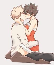 1boy 1girls adult_swim arms_around_waist artist_request christmas christmas_clothing christmas_dress female female_deku green_hair hand_in_hair hand_on_ass izuku_midoriya katsuki_bakugou kissing making_out male my_hero_academia red_dress rule_63 short_hair_female sitting_on_lap sitting_on_person thighhighs toonami wholesome