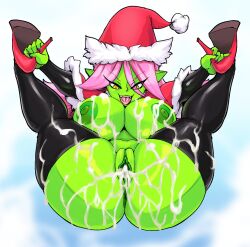 ass big_breasts big_butt bodily_fluids breasts christmas christmas_clothing christmas_headwear clothing cum cum_in_pussy cum_inside dart_(thecon) female genital_fluids goblin goblin_female hat headgear headwear hi_res holidays humanoid legwear nipples santa_hat solo thecon thigh_highs tongue tongue_out