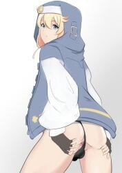 1boy 2022 anus aqua_eyes ass back_view ball_bulge blonde_hair bridget bulge femboy girly guilty_gear guilty_gear_strive hooded_jacket looking_at_viewer looking_back looking_back_at_viewer male male_only panties panties_aside penis_bulge solo very_high_resolution vyse322 white_background