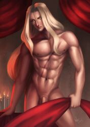 1boy 3/4_view alucard_(castlevania) areolae artistic_nude bare_chest belly_button beveriisdudes bishonen blonde_hair candles castlevania castlevania_(netflix) chest_scar completely_nude_male dhampir drapes fangs feminine_male full_color genitalia holding_sheet long_hair long_hair_male male_genitalia male_only muscular muscular_male naturally_censored nipples nude_male painting_(artwork) partially_visible_genitals partially_visible_penis penis portrait red_sheets romantic_ambiance scars sheets six_pack solo solo_male strip_tease testicles thighs twunk vampire yellow_eyes