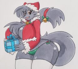 big_breasts breasts christmas_outfit christmas_present female furry jumney jumneyarts tagme thick_thighs wide_hips