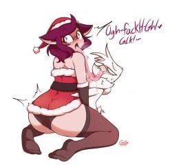 aiko_(giidenuts) anthro ass avian bird blush bodily_fluids christmas christmas_clothing christmas_headwear clothed clothing duo embrace extreme_french_kiss female french_kissing giidenuts headgear headwear hi_res holidays hug human humanoid kissing legwear long_tongue looking_pleasured male male/female mammal penguin rear_view riley_(giidenuts) saliva simple_background size_difference surprise tail_motion tailwag text thigh_highs tongue