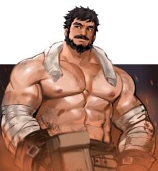 1boy abs bandage bandages bara beard big_chest black_hair daddy dilf dopq facial_hair genshin_impact large_pectorals male male_only muscle muscles muscular muscular_arms muscular_male nipples pectorals shirtless solo towel towel_around_neck wagner_(genshin_impact)