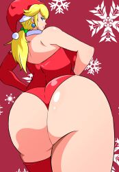 1girls armwear ass ass_focus back back_view backboob big_ass big_breasts blonde_hair blue_eyes breasts christmas clothing dat_ass ear_piercing earrings elbow_gloves female female_only gloves hair hat headwear huge_ass huge_breasts large_ass legwear lips looking_back mario_(series) nintendo princess_peach red_gloves red_thighhighs santa_hat solo solo_female thick_thighs thighhighs thighs tonsuke