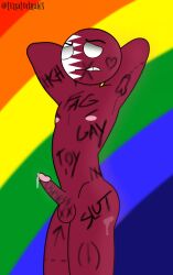 ._. 1boy annoyed armpits arms_above_head ass background balls belly_button body_writing bubble_butt closet countryhumans cum cum_on_body degradation digital_media_(artwork) erection flag gay gay_denial midriff nipples noseless precum pride_colors qatar qatar_(countryhumans) red_body straight_to_gay tally_marks twink white_eyes