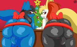 absurd_res anthro ass backsack balls bent_over big_ass big_butt black_hair black_pupils bow_ribbon braixen christmas christmas_decorations christmas_tree duo femboy generation_4_pokemon generation_6_pokemon genitals hair hi_res holidays huge_ass huge_butt inner_ear_fluff looking_at_viewer looking_back lucario male multicolored_body nintendo nr_ac plant pokémon_(species) pokemon pokemon_(species) pupils red_eyes thick_thighs tree tuft two_tone_body wide_hips