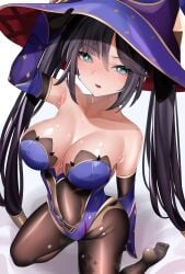 1girls alternate_breast_size black_hair breasts female genshin_impact hat highleg_leotard keishi_surota large_breasts large_hat leotard light-skinned_female light_skin long_hair mona_(genshin_impact) slim_waist thick_thighs tights twintails witch_hat