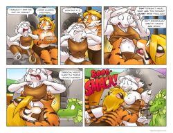 2018 andrea/silver anthro anthromorph blonde_hair breasts breasts_out clothing comic dialogue dragon exotic fluffy_tail fox furry furry_only jan_(artist) naked nipples nude nude_female orange_fur orb original original_character swords_and_sausages tail tiger tigerknight topless tor_(jan) white_fur white_hair