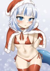 1girls belly_button bikini blue_eyes blush christmas eyebrows_visible_through_hair female gawr_gura hololive hololive_english hololive_myth light-skinned_female light_skin medium_hair rebelium_(artist) red_bikini santa_hat shark_girl shark_tail solo solo_female virtual_youtuber white_hair