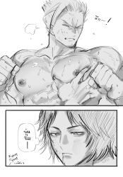 2boys big_pecs blood clenched_teeth closed_eyes gaoh_ryuki groping kengan_(series) kengan_omega laksi_kaaaaa male male_only monochrome multiple_images multiple_views muscular muscular_male narushima_koga pec_grasp pecs sketch sweat topless topless_male upper_body wince yaoi