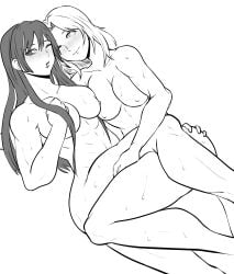 2girls apsmaamspa ass_grab black_sclera blush breast_press breasts cleavage completely_nude elena_robinson female female_only hand_on_ass hime_cut kengan_(series) kengan_ashura kure_karla long_hair looking_at_another medium_breasts medium_hair monochrome muscular muscular_female nude on_back on_side one_eye_closed smile sweat thick_thighs toned toned_female yuri