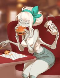 2019 4_arms anthro arachnid beverage blue_eyes burger closed_eyes color curvy debbie_(vontecristo) digital_drawing_(artwork) digital_media_(artwork) eating female furry grey_skin monster_girl oc original original_character restaurant sfw sharp_teeth sitting smile spider spider_girl tank_top vontecristo white_hair