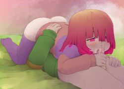 1boy 1girls 69 bete_noire blowjob blush chara glitchtale mostly_clothed pink_hair pussy_licking saliva tagme undertale undertale_(series)