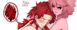 1boy 1boy1girl 1girls arms_around_neck between_breasts black_sclera blackhaiper blush breasts eijirou_kirishima face_on_breast gift_wrapped gift_wrapping head_on_breasts mina_ashido my_hero_academia naem nude nude_female pink_hair pink_skin present_wrap red_hair short_hair_female straight wrapped wrapped_around_another wrapped_hands wrapped_up