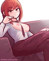 bangs big_breasts breasts_out casual_exposure chainsaw_man couch crossed_legs exposed_breasts makima_(chainsaw_man) nipples pants red_hair sidelocks suit tie tsuvida