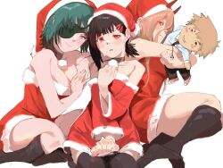 3girls breasts chainsaw_man christmas christmas_clothing christmas_outfit cleavage cute denji_(chainsaw_man) female_only higashiyama_kobeni himeno_(chainsaw_man) hugging light-skinned_female looking_at_viewer power_(chainsaw_man) raneblu santa_costume santa_hat sitting stockings thick_thighs wholesome