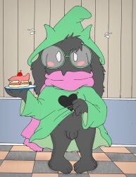 1boy 2d anthro anthro_male anthro_only blush bottomless bovid cake caprine clothed clothing clothing_lift deltarune dessert food furry furry_male furry_only genitals humanoid humanoid_male humanoid_only male male_only mammal mammal_humanoid nelson88 penis presenting ralsei solo undertale_(series)