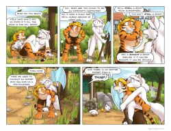 2018 andrea/silver anthro anthromorph axe blonde_hair breasts breasts_out clothing comic dialogue exotic fluffy_tail fox furry furry_only jan_(artist) naked nipples nude nude_female orange_fur original original_character swords_and_sausages tail tiger tigerknight tor_(jan) white_fur white_hair