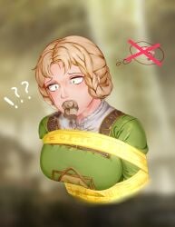 !?? 1girls big_breasts blonde_hair bondage braid clothing elden_ring female_only fromsoftware heidao mouth_gag rya_(elden_ring) thinking_about_food