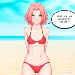 1girls abs alternate_version_available arms_behind_back beach bikini bikini_bottom bikini_top blush bob_cut daemonhx dialogue english_text female female_focus female_only green_eyes light-skinned_female light_skin looking_at_viewer male_pov medium_hair naruto naruto_(series) naruto_shippuden ocean outdoors outside pale-skinned_female pale_skin petite pink_hair pov pov_eye_contact red_bikini red_panties red_swimsuit sakura_haruno shoulder_length_hair shounen_jump small_breasts solo solo_female solo_focus speech_bubble swimsuit text toned toned_female wide_hips