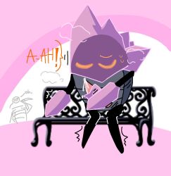 bench closed_eyes crystal_guardian hollow_knight male masturbating masturbation miguelsharku myla_(hollow_knight) orange_eyes sitting_on_bench text text_bubble twitch_lines twitching