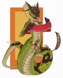 2017 anthro apode black_sclera blue_eyes closed_smile dated draconcopode eyelashes female forked_tongue full-length_portrait genitals glistening glistening_eyes green_body green_scales hi_res legless mouth_closed naga nude pink_tongue portrait pussy reptile riorix scales scalie serpentine signature simple_background snake solo tan_body tan_scales tentacle tongue tongue_out unusual_anatomy unusual_genitalia unusual_pussy