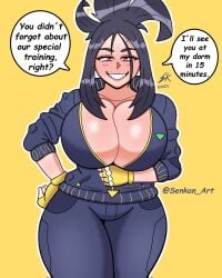 alternate_breast_size big_breasts breasts dendra_(pokemon) huge_breasts imminent_sex inner_sideboob jumpsuit pokemon pokemon_sv senkan_art text yellow_background