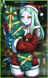 1girls christmas christmas_present cute cyberpunk:_edgerunners female female_only looking_at_viewer merry_christmas present rebecca_(edgerunners) santa_costume santa_hat short_skirt smile smiling smiling_at_viewer studio_trigger thick_thighs thighhighs wholesome zxpfer