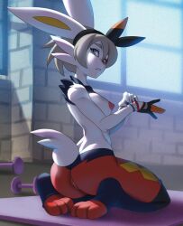 2019 3_toes alanscampos alternate_species anthro ass barefoot bea_(pokemon) big_ears biped breasts butt_pose cinderace clothing digital_media_(artwork) dumbbell dynamax_band feet female furrification generation_8_pokemon genitals gloves grey_hair gym_leader hair handwear hi_res inside kneeling lagomorph looking_back mammal mat nintendo nipples nude nude_anthro nude_female pokémon_(species) pokemon pokemon_(species) pokemon_ss pose pussy short_hair short_tail sitting soles solo text toes url video_games weights window