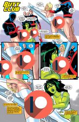 2girls ass big_ass big_breasts blonde_hair bondage bubble_ass bubble_butt censored comic comic_page corset cum cum_in_pussy dat_ass dialogue emma_frost female gloves green-skinned_female green_hair green_skin hellfire_club huge_ass hulk_(series) large_ass long_gloves male marvel marvel_comics multiple_girls multiple_males muscles muscular_female paddle panties patreon_logo sex she-hulk speech_bubble straight thighhighs tim_phillips torn_clothes white_queen x-men