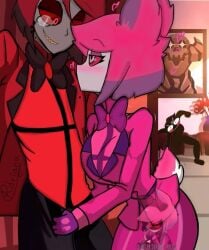 alastor_(hazbin_hotel) blush deer_ears deer_tail edit female_alastor_(hazbin_hotel) hazbin_hotel male/female pink_hair red_hair rule_63 selfcest straight tagme usagi_star white_skin