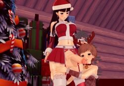 3d amagi_yukiko balls black_hair brown_hair chiefan christmas christmas_outfit christmas_tree cock_hungry cock_worship dog_collar futa_on_female futa_with_female futanari huge_cock koikatsu long_hair penis persona persona_4 reindeer_costume santa_costume satonaka_chie self_upload short_hair tomboy