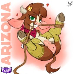 aer0_zer0 arizona_cow_(tfh) bondage bound bovid bovine brown_hair cattle female feral genitals hair heart hi_res mammal original pussy rope them's_fightin'_herds