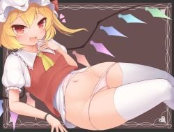 :d ascot black_background blonde_hair crystal female flandre_scarlet groin harunoha hat heart highres jitome looking_at_viewer mob_cap navel oerba_yun_fang one_side_up open_mouth panties pink_panties pussy rainbow_order red_eyes red_vest shirt short_sleeves skin_fang smile solo thighhighs touhou underwear vest wedgie white_headwear white_shirt white_thighhighs wings yellow_ascot