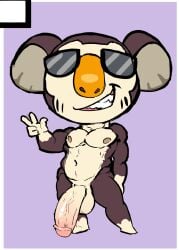 animal_crossing anthro balls big_balls big_penis black_fur eugene_(animal_crossing) flaccid furry koala male male_only muscles nintendo nude penis smiling solo solo_male sunglasses zenpei