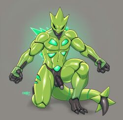 anthro black_sclera croxot dinosaur erection future_pokemon generation_9_pokemon genitals glistening glistening_body green_body green_eyes hi_res humanoid_genitalia humanoid_penis iron_thorns kneeling machine male male_only metallic_body nintendo nude on_one_knee paradox_pokemon penis pokémon_(species) pokemon pokemon_(species) reptile robot scalie simple_background solo