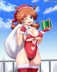 1girls big_breasts blue_eyes blush box breasts brown_hair busty christmas cleavage clothing_cutout earrings female female_only gift gift_box hat heart_cutout highres jewelry large_breasts legs leotard looking_at_viewer mario_(series) navel navel_cutout nintendo one_eye_closed patdarux princess princess_daisy sack santa_hat short_hair smile solo thick_thighs thighhighs thighs voluptuous wink